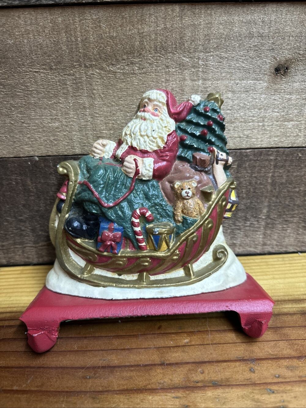 Cast Iron Christmas STOCKING HANGER Santa Sleigh Double Hook Holder